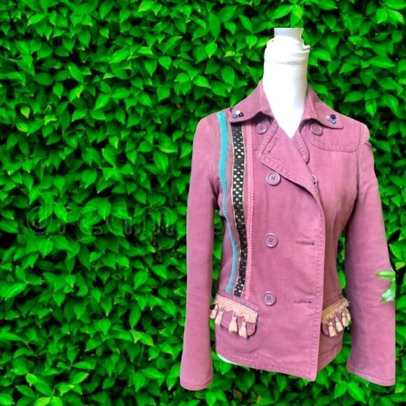 AEO AMERICAN EAGLE DUSTY ROSE VELVETEEN TASSEL EMBELLISHED OOAK PEACOAT SIZE S - Picture 2 of 12